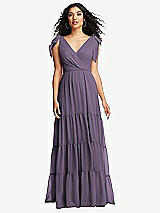 Front View Thumbnail - Lavender Bow-Shoulder Faux Wrap Maxi Dress with Tiered Skirt