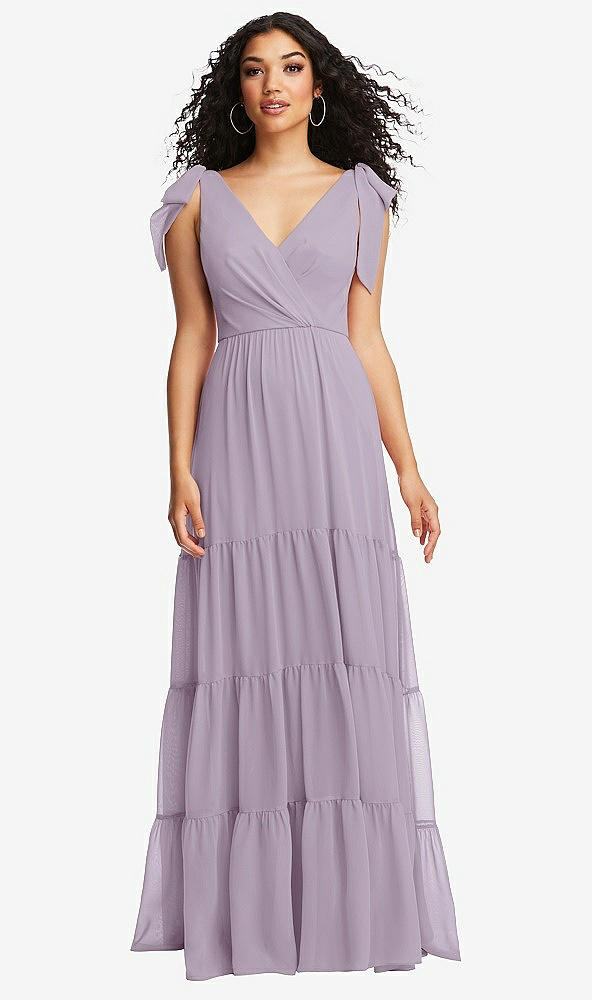 Front View - Lilac Haze Bow-Shoulder Faux Wrap Maxi Dress with Tiered Skirt