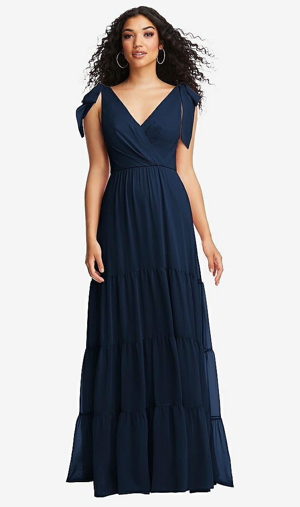 Front View - Midnight Navy Bow-Shoulder Faux Wrap Maxi Dress with Tiered Skirt