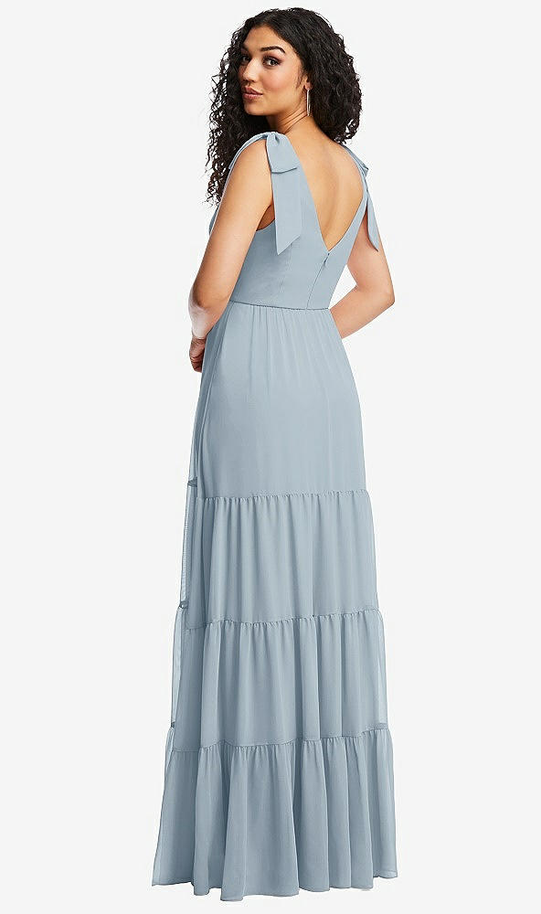 Back View - Mist Bow-Shoulder Faux Wrap Maxi Dress with Tiered Skirt