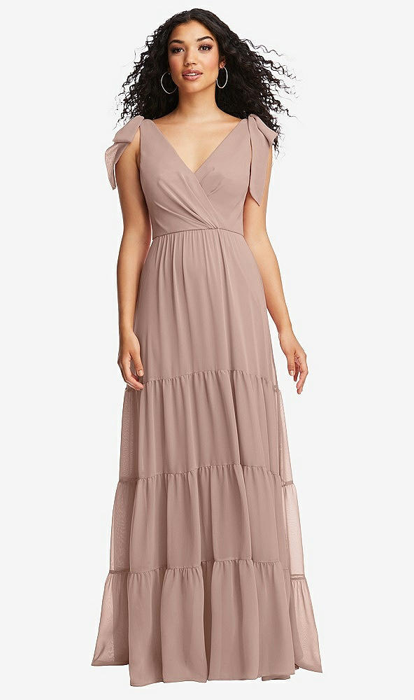 Front View - Neu Nude Bow-Shoulder Faux Wrap Maxi Dress with Tiered Skirt