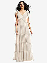 Front View Thumbnail - Oat Bow-Shoulder Faux Wrap Maxi Dress with Tiered Skirt