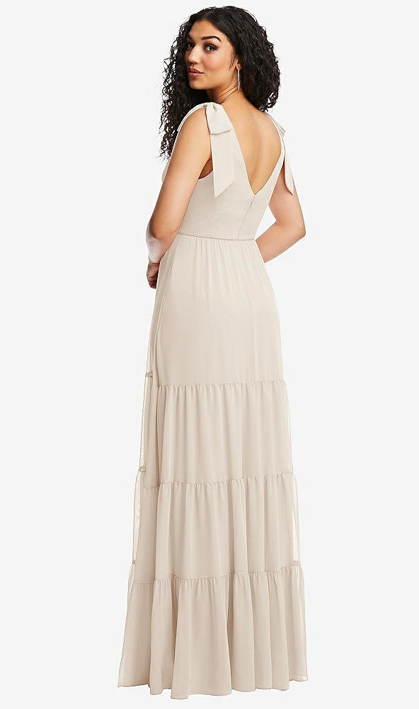 Back View - Oat Bow-Shoulder Faux Wrap Maxi Dress with Tiered Skirt