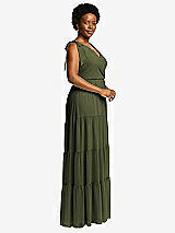 Alt View 2 Thumbnail - Olive Green Bow-Shoulder Faux Wrap Maxi Dress with Tiered Skirt