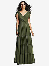Front View Thumbnail - Olive Green Bow-Shoulder Faux Wrap Maxi Dress with Tiered Skirt