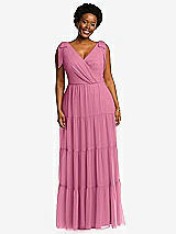 Alt View 1 Thumbnail - Orchid Pink Bow-Shoulder Faux Wrap Maxi Dress with Tiered Skirt