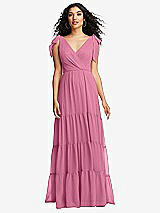 Front View Thumbnail - Orchid Pink Bow-Shoulder Faux Wrap Maxi Dress with Tiered Skirt