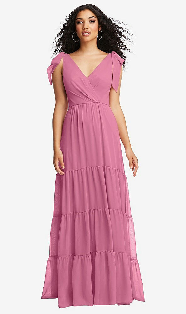 Front View - Orchid Pink Bow-Shoulder Faux Wrap Maxi Dress with Tiered Skirt