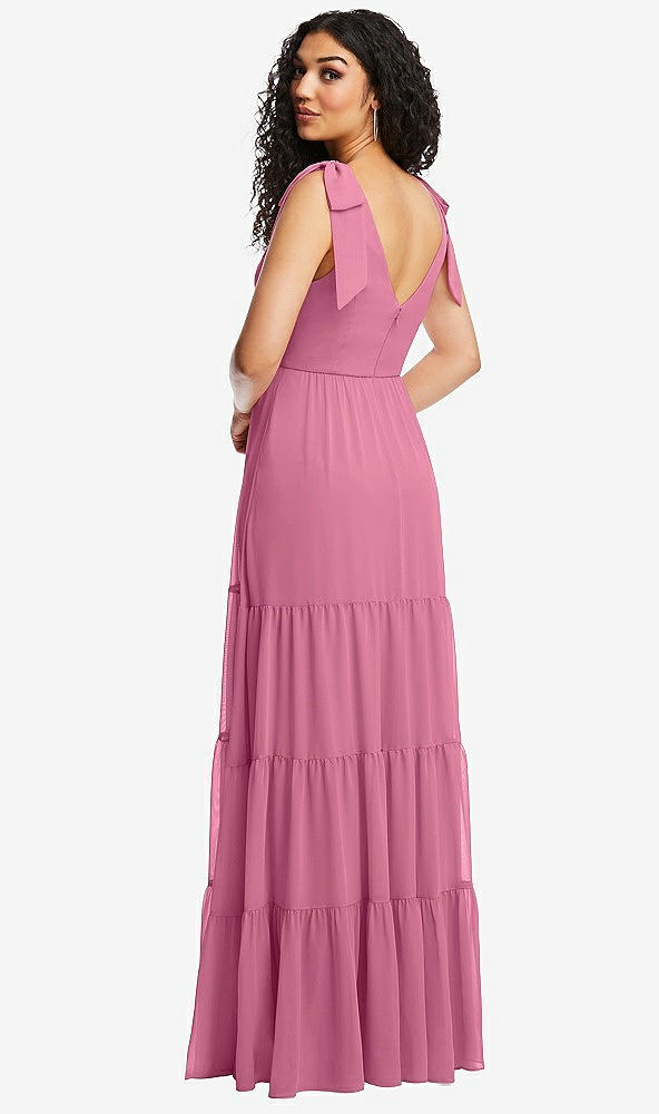 Back View - Orchid Pink Bow-Shoulder Faux Wrap Maxi Dress with Tiered Skirt