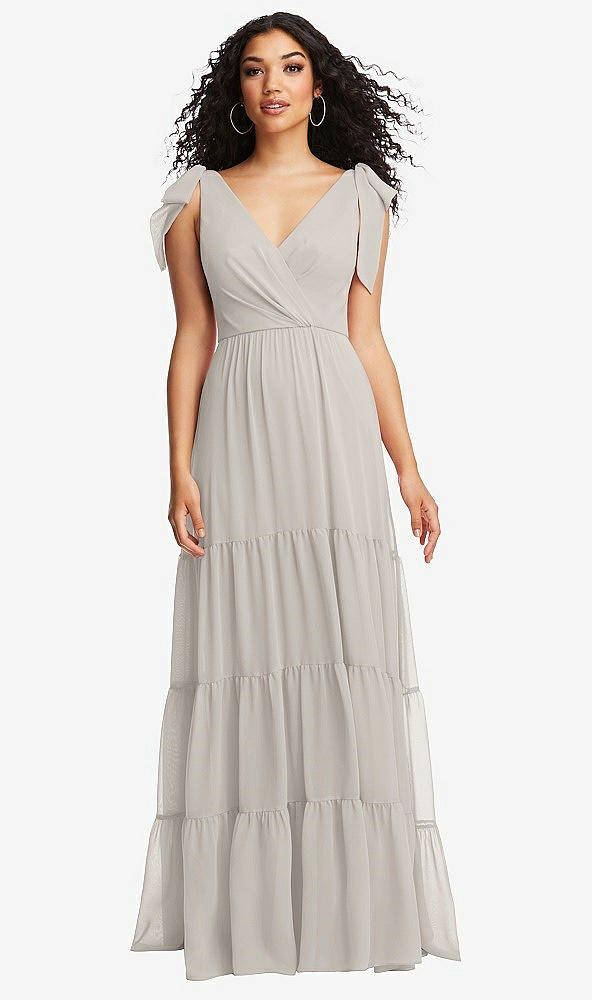 Front View - Oyster Bow-Shoulder Faux Wrap Maxi Dress with Tiered Skirt