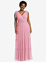 Alt View 1 Thumbnail - Peony Pink Bow-Shoulder Faux Wrap Maxi Dress with Tiered Skirt