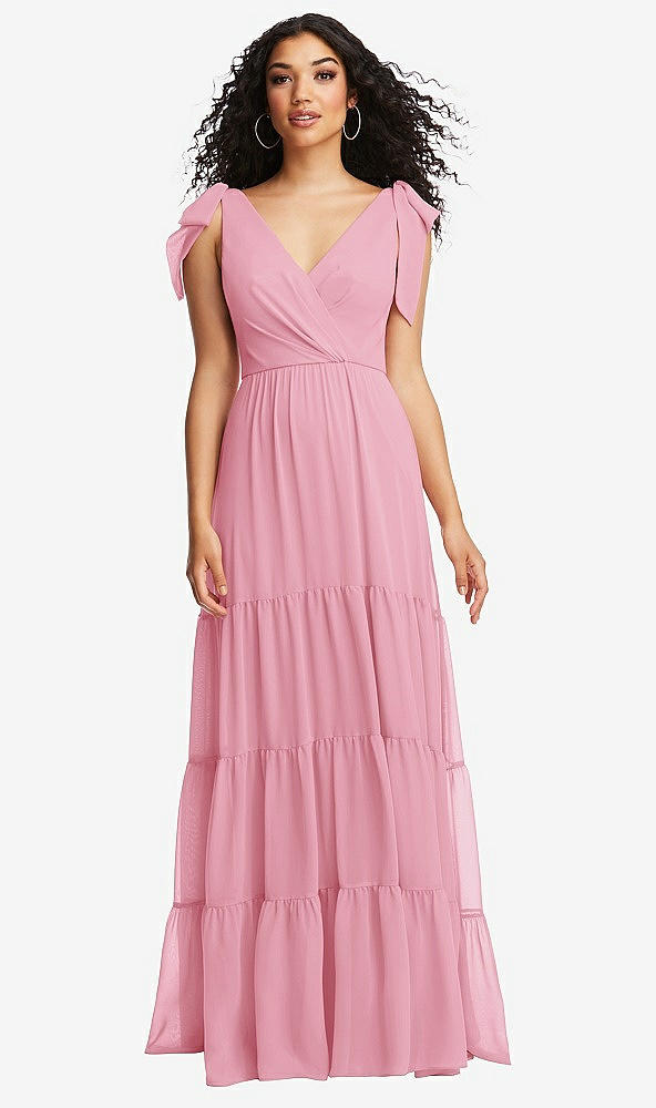Front View - Peony Pink Bow-Shoulder Faux Wrap Maxi Dress with Tiered Skirt