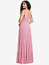 Rear View Thumbnail - Peony Pink Bow-Shoulder Faux Wrap Maxi Dress with Tiered Skirt