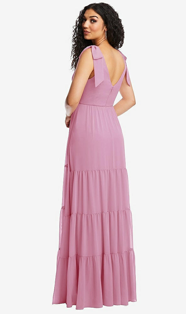 Back View - Powder Pink Bow-Shoulder Faux Wrap Maxi Dress with Tiered Skirt