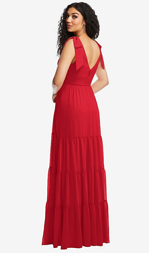 Back View - Parisian Red Bow-Shoulder Faux Wrap Maxi Dress with Tiered Skirt