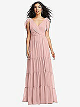 Front View Thumbnail - Rose - PANTONE Rose Quartz Bow-Shoulder Faux Wrap Maxi Dress with Tiered Skirt
