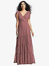 Front View Thumbnail - Rosewood Bow-Shoulder Faux Wrap Maxi Dress with Tiered Skirt