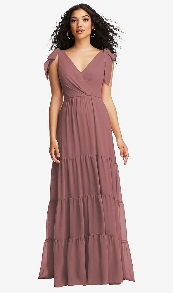 Front View - Rosewood Bow-Shoulder Faux Wrap Maxi Dress with Tiered Skirt