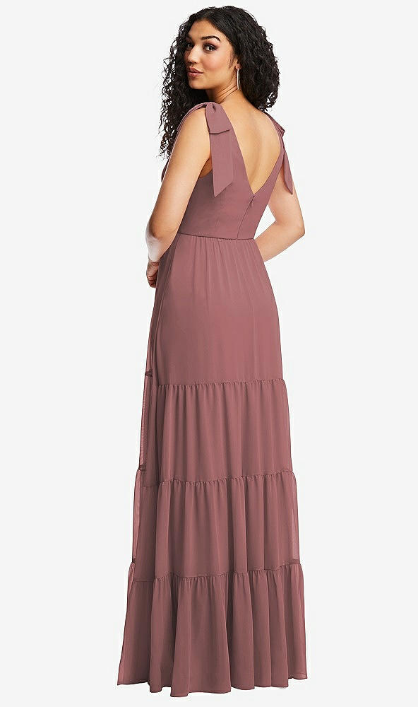 Back View - Rosewood Bow-Shoulder Faux Wrap Maxi Dress with Tiered Skirt