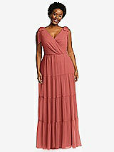 Alt View 1 Thumbnail - Coral Pink Bow-Shoulder Faux Wrap Maxi Dress with Tiered Skirt