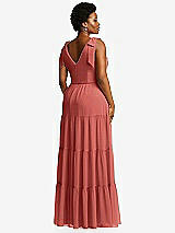 Alt View 3 Thumbnail - Coral Pink Bow-Shoulder Faux Wrap Maxi Dress with Tiered Skirt