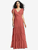 Front View Thumbnail - Coral Pink Bow-Shoulder Faux Wrap Maxi Dress with Tiered Skirt