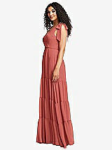 Side View Thumbnail - Coral Pink Bow-Shoulder Faux Wrap Maxi Dress with Tiered Skirt