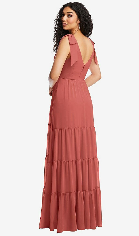 Back View - Coral Pink Bow-Shoulder Faux Wrap Maxi Dress with Tiered Skirt