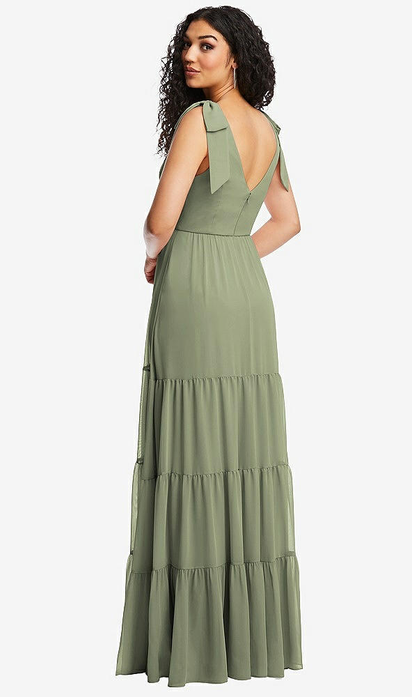 Back View - Sage Bow-Shoulder Faux Wrap Maxi Dress with Tiered Skirt