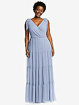 Alt View 1 Thumbnail - Sky Blue Bow-Shoulder Faux Wrap Maxi Dress with Tiered Skirt