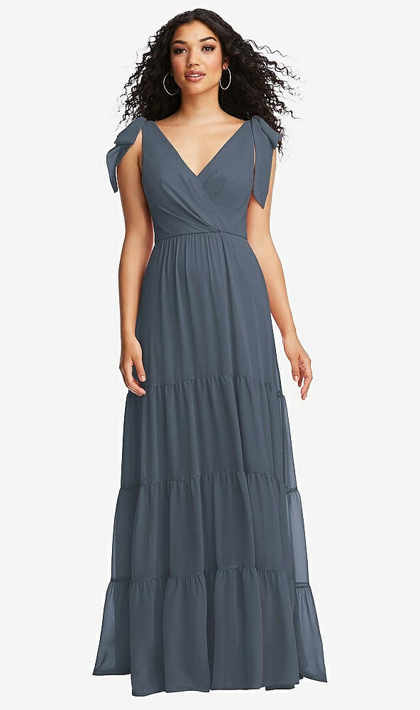 Front View - Silverstone Bow-Shoulder Faux Wrap Maxi Dress with Tiered Skirt