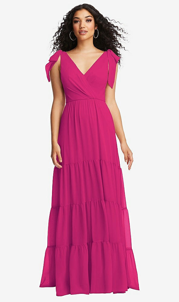 Front View - Think Pink Bow-Shoulder Faux Wrap Maxi Dress with Tiered Skirt