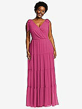 Alt View 1 Thumbnail - Tea Rose Bow-Shoulder Faux Wrap Maxi Dress with Tiered Skirt