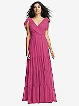 Front View Thumbnail - Tea Rose Bow-Shoulder Faux Wrap Maxi Dress with Tiered Skirt