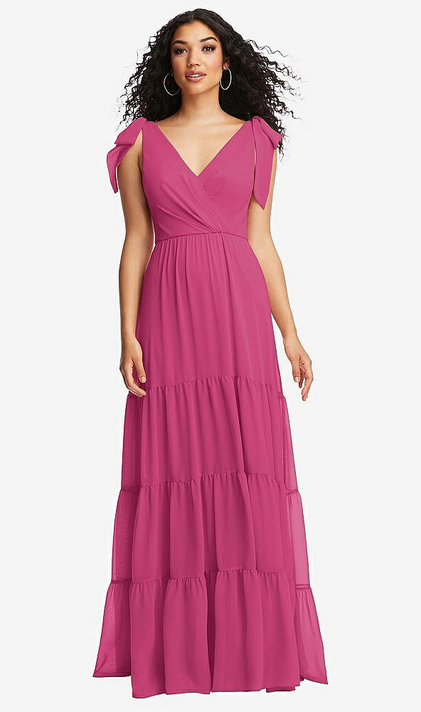 Front View - Tea Rose Bow-Shoulder Faux Wrap Maxi Dress with Tiered Skirt