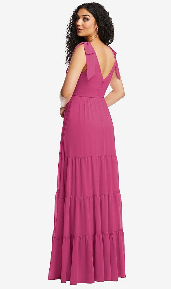 Back View - Tea Rose Bow-Shoulder Faux Wrap Maxi Dress with Tiered Skirt