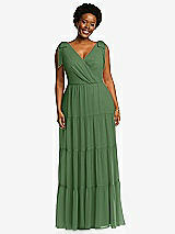 Alt View 1 Thumbnail - Vineyard Green Bow-Shoulder Faux Wrap Maxi Dress with Tiered Skirt