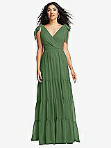 Front View Thumbnail - Vineyard Green Bow-Shoulder Faux Wrap Maxi Dress with Tiered Skirt