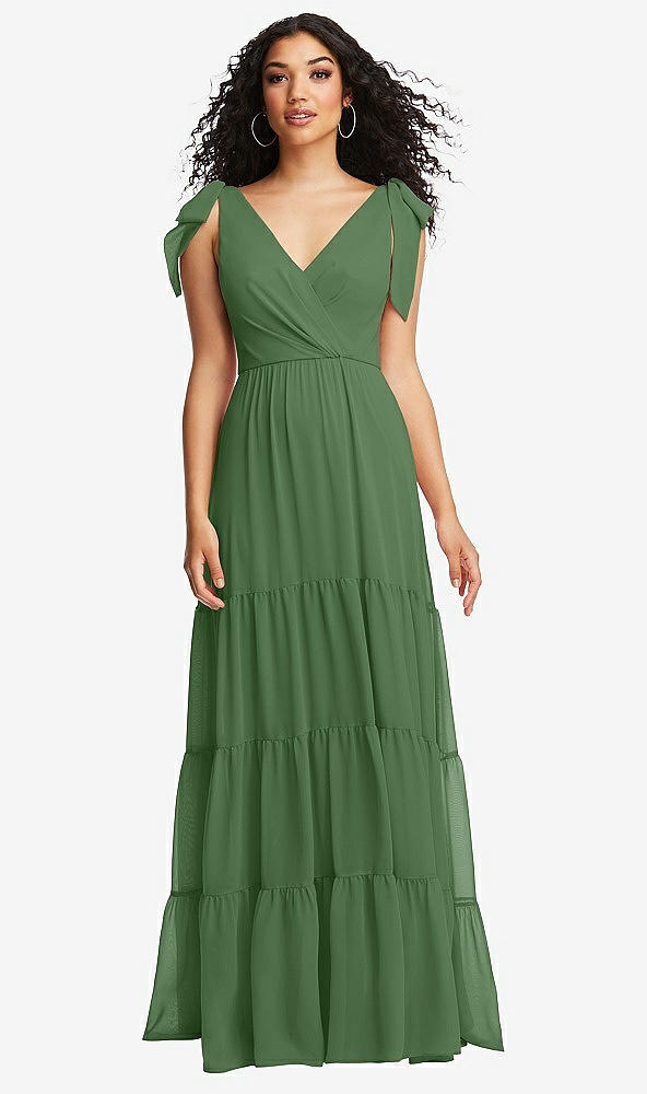 Front View - Vineyard Green Bow-Shoulder Faux Wrap Maxi Dress with Tiered Skirt