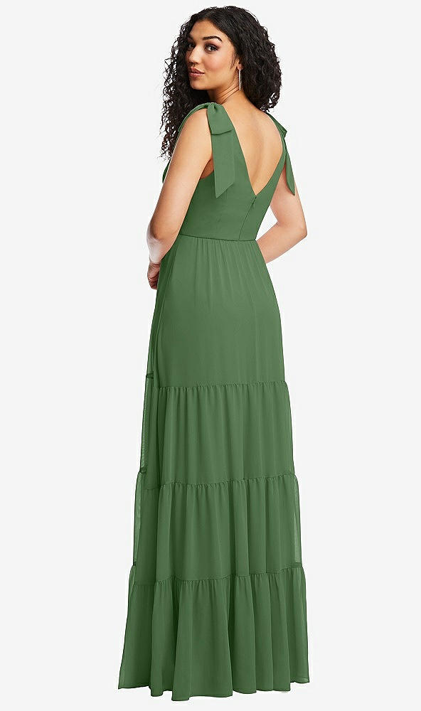 Back View - Vineyard Green Bow-Shoulder Faux Wrap Maxi Dress with Tiered Skirt