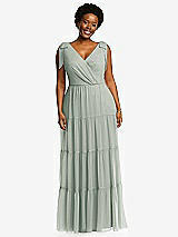 Alt View 1 Thumbnail - Willow Green Bow-Shoulder Faux Wrap Maxi Dress with Tiered Skirt