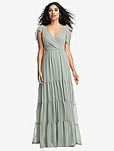 Front View Thumbnail - Willow Green Bow-Shoulder Faux Wrap Maxi Dress with Tiered Skirt