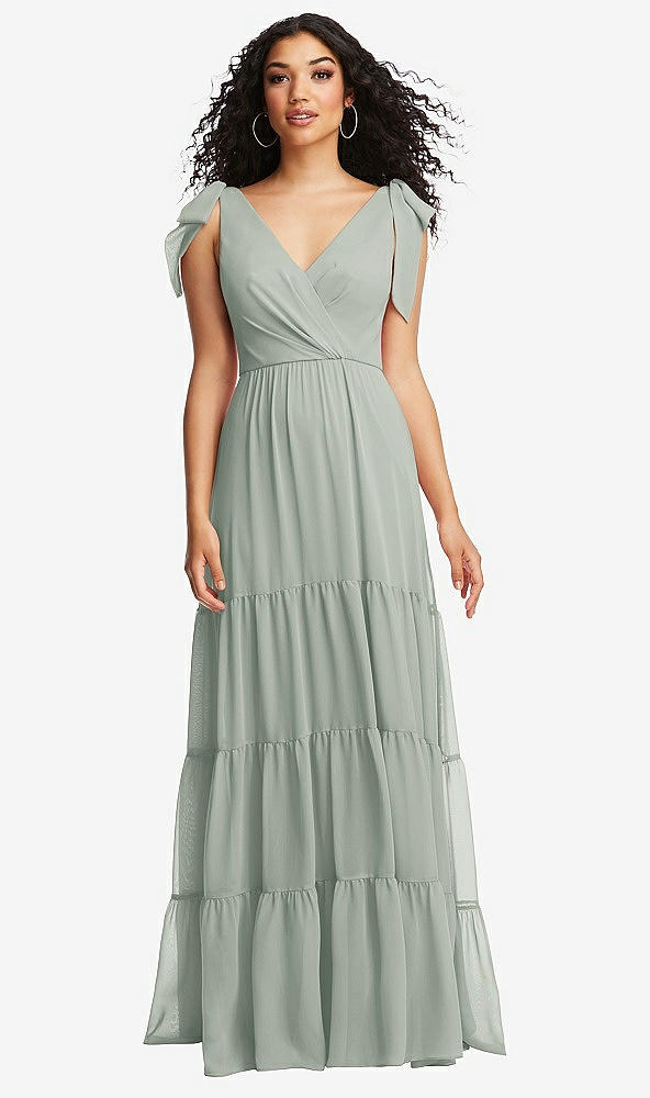 Front View - Willow Green Bow-Shoulder Faux Wrap Maxi Dress with Tiered Skirt