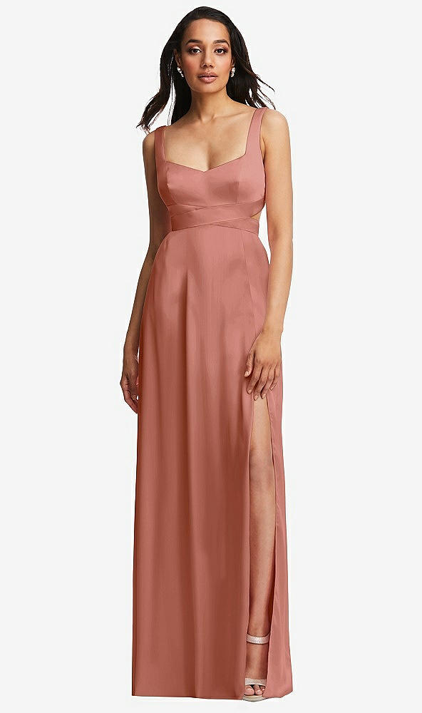 Front View - Desert Rose Open Neck Cross Bodice Cutout  Maxi Dress with Front Slit