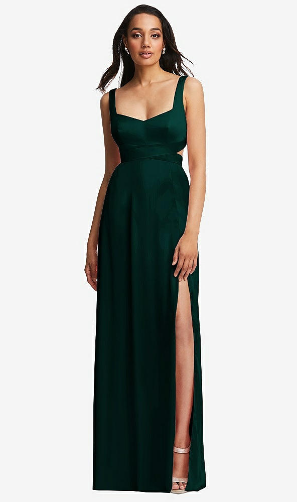 Front View - Evergreen Open Neck Cross Bodice Cutout  Maxi Dress with Front Slit