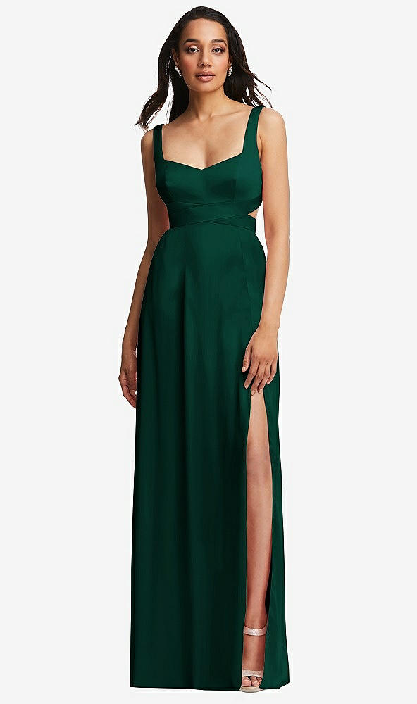 Front View - Hunter Green Open Neck Cross Bodice Cutout  Maxi Dress with Front Slit