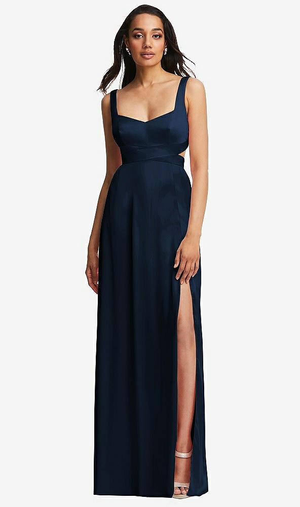 Front View - Midnight Navy Open Neck Cross Bodice Cutout  Maxi Dress with Front Slit