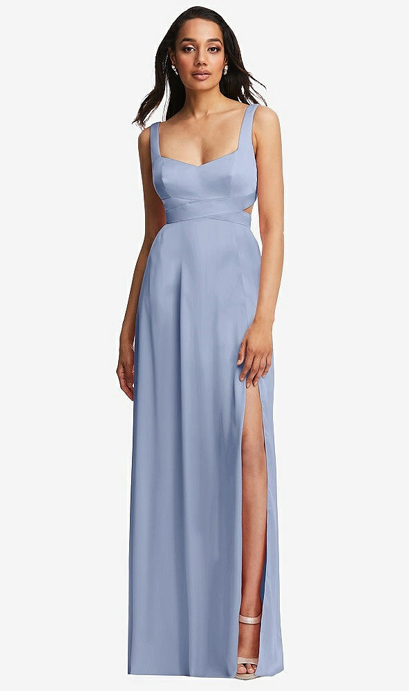 Front View - Sky Blue Open Neck Cross Bodice Cutout  Maxi Dress with Front Slit