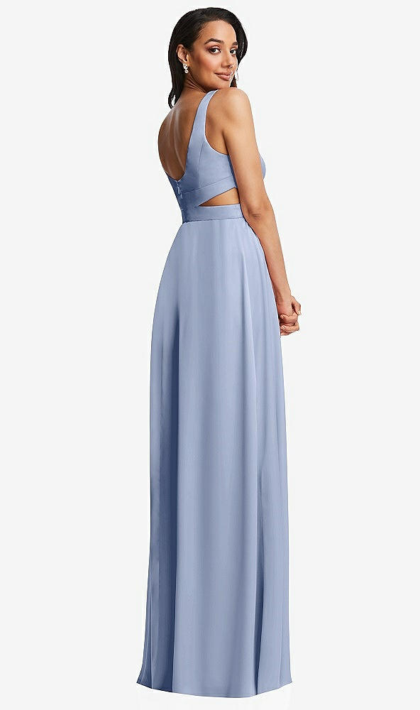 Back View - Sky Blue Open Neck Cross Bodice Cutout  Maxi Dress with Front Slit