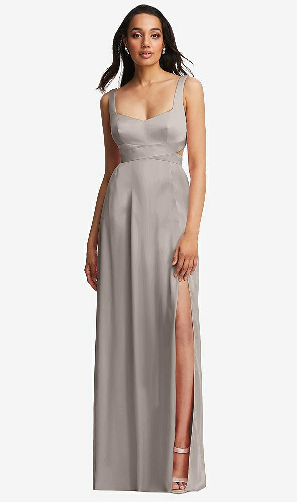 Front View - Taupe Open Neck Cross Bodice Cutout  Maxi Dress with Front Slit